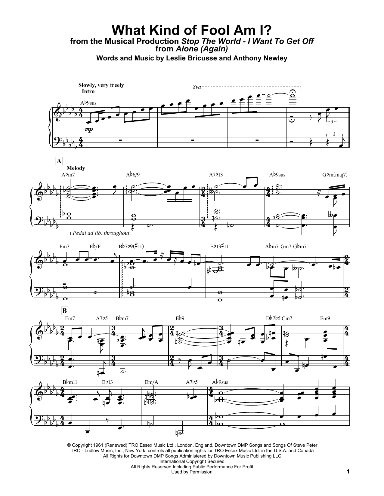 Bill Evans What Kind Of Fool Am I? (from Stop The World - I Want To Get Off) sheet music notes and chords. Download Printable PDF.