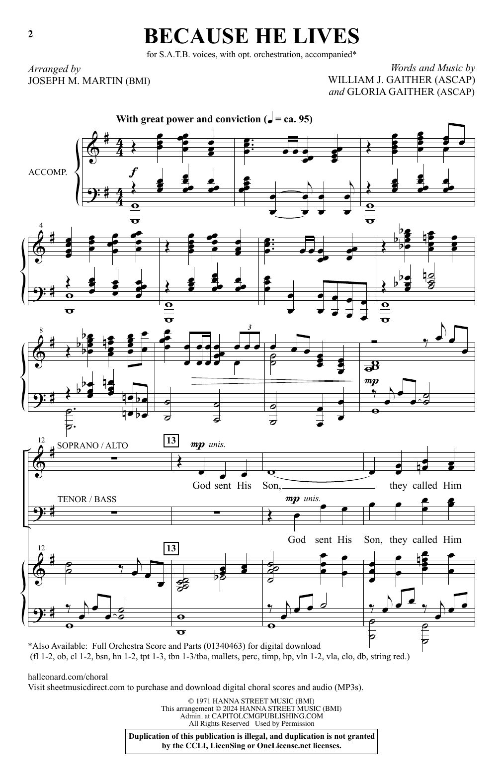 Bill & Gloria Gaither Because He Lives (arr. Joseph M. Martin) sheet music notes and chords. Download Printable PDF.