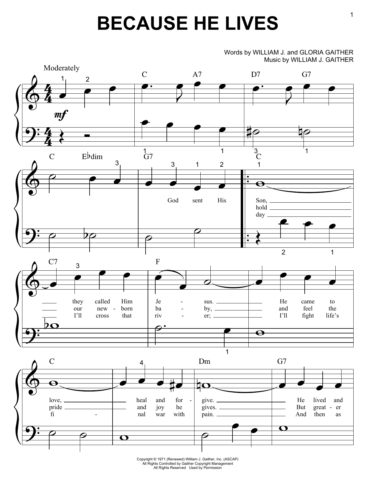 Bill & Gloria Gaither Because He Lives sheet music notes and chords. Download Printable PDF.