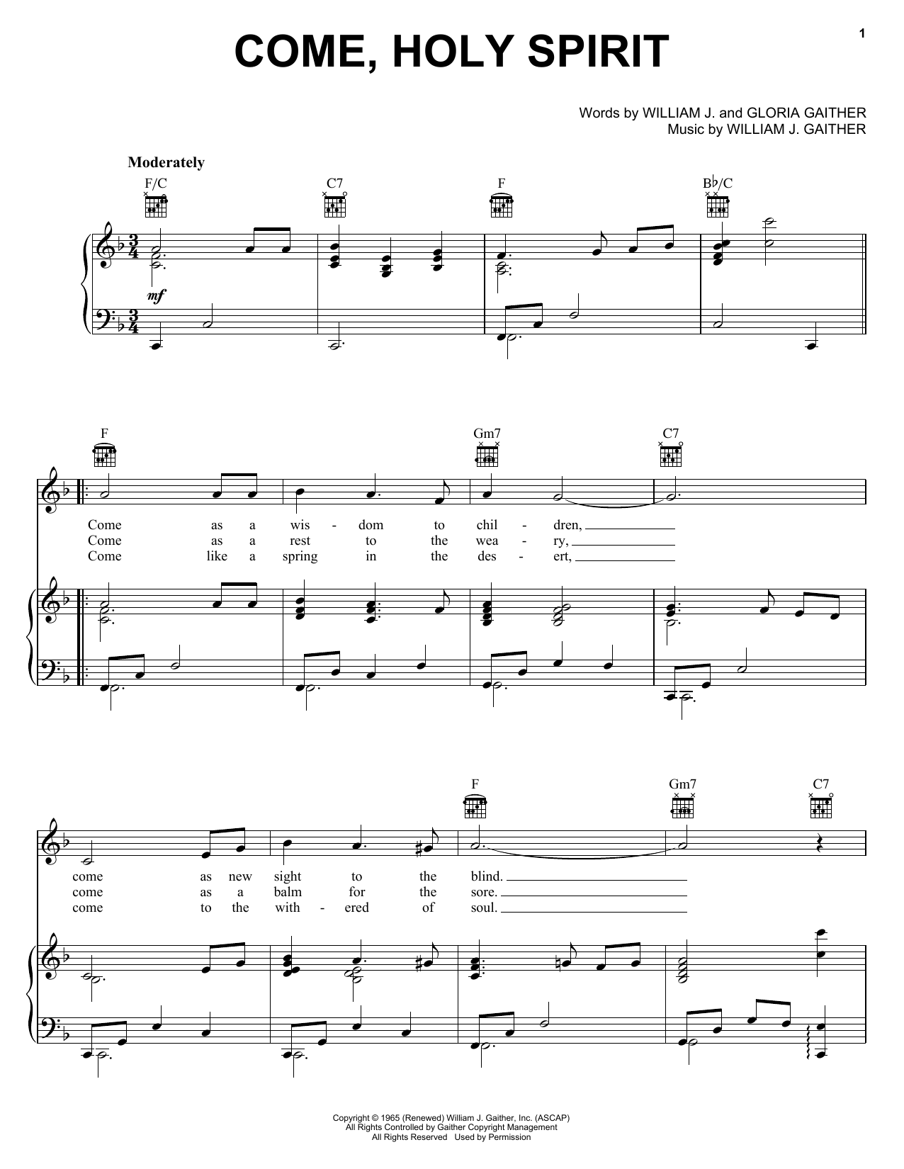 Bill & Gloria Gaither Come, Holy Spirit sheet music notes and chords arranged for Piano, Vocal & Guitar Chords (Right-Hand Melody)