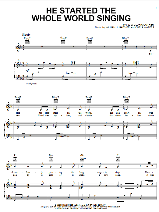 Learn to play Bill & Gloria Gaither He Started The Whole World Singing sheet music for Piano, Vocal & Guitar Chords (Right-Hand Melody) in minutes. Price: 7.8900$ Bill & Gloria Gaither He Started The Whole World Singing sheet music notes and chords arranged for Piano, Vocal & Guitar Chords (Right-Hand Melody)