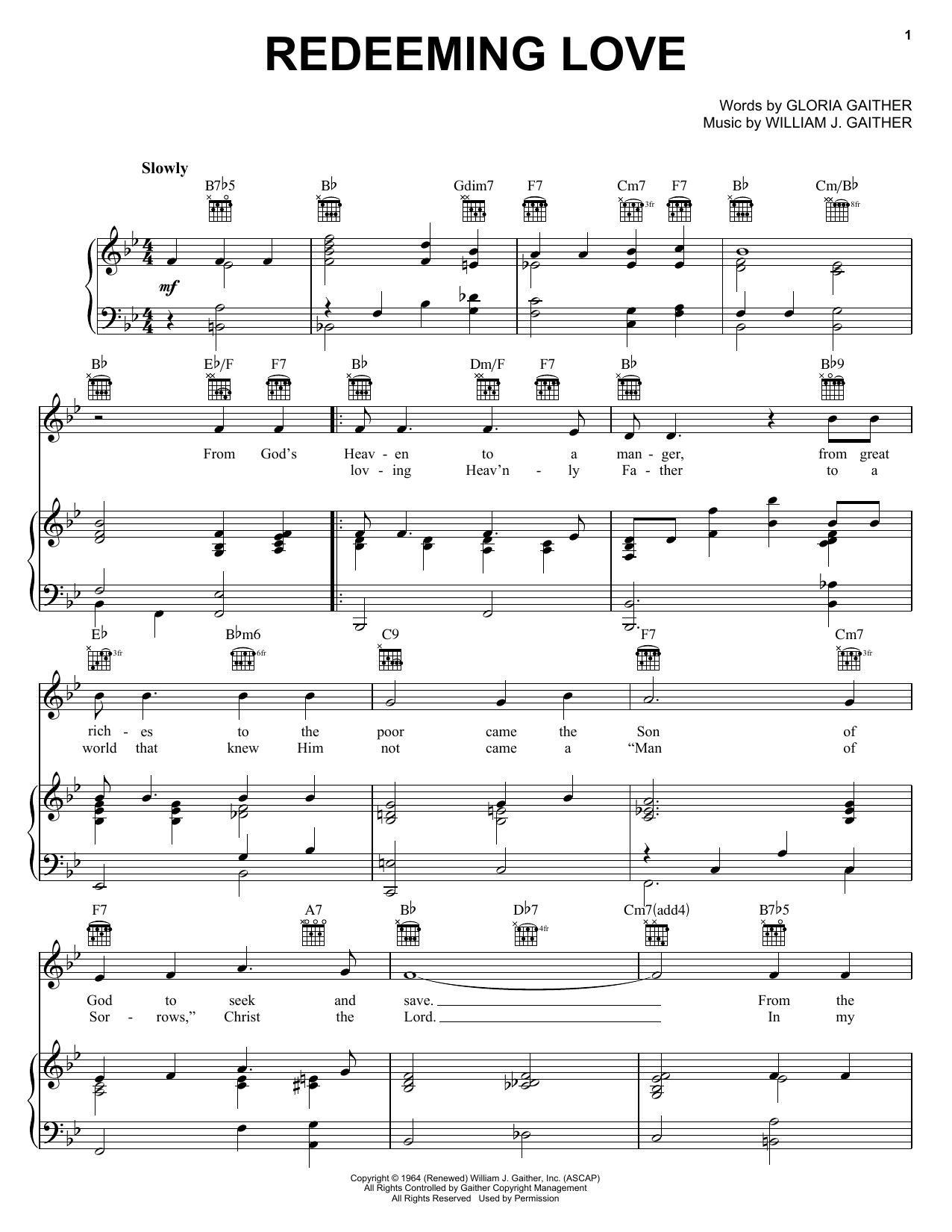 Learn to play Bill & Gloria Gaither Redeeming Love sheet music for Piano, Vocal & Guitar Chords (Right-Hand Melody) in minutes. Price: 7.8900$ Bill & Gloria Gaither Redeeming Love sheet music notes and chords arranged for Piano, Vocal & Guitar Chords (Right-Hand Melody)