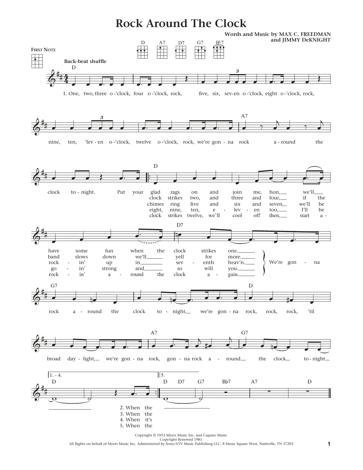 Learn to play Bill Haley & His Comets Rock Around The Clock (from The Daily Ukulele) (arr. Liz and Jim Beloff) sheet music for Ukulele in minutes. Price: 5.9900$ Bill Haley & His Comets Rock Around The Clock (from The Daily Ukulele) (arr. Liz and Jim Beloff) sheet music notes and chords arranged for Ukulele
