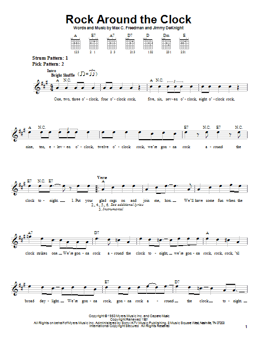 Bill Haley & His Comets Rock Around The Clock sheet music notes and chords arranged for Piano, Vocal & Guitar Chords