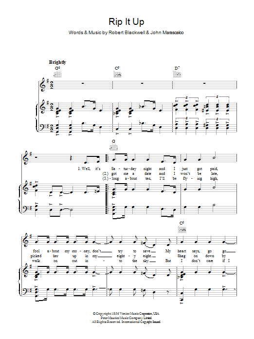 Learn to play Bill Haley Rip It Up sheet music for Piano, Vocal & Guitar Chords in minutes. Price: 7.8900$ Bill Haley Rip It Up sheet music notes and chords arranged for Piano, Vocal & Guitar Chords