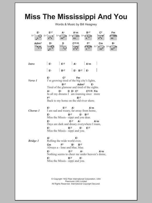 Bill Heagney Miss The Mississippi And You sheet music notes and chords. Download Printable PDF.