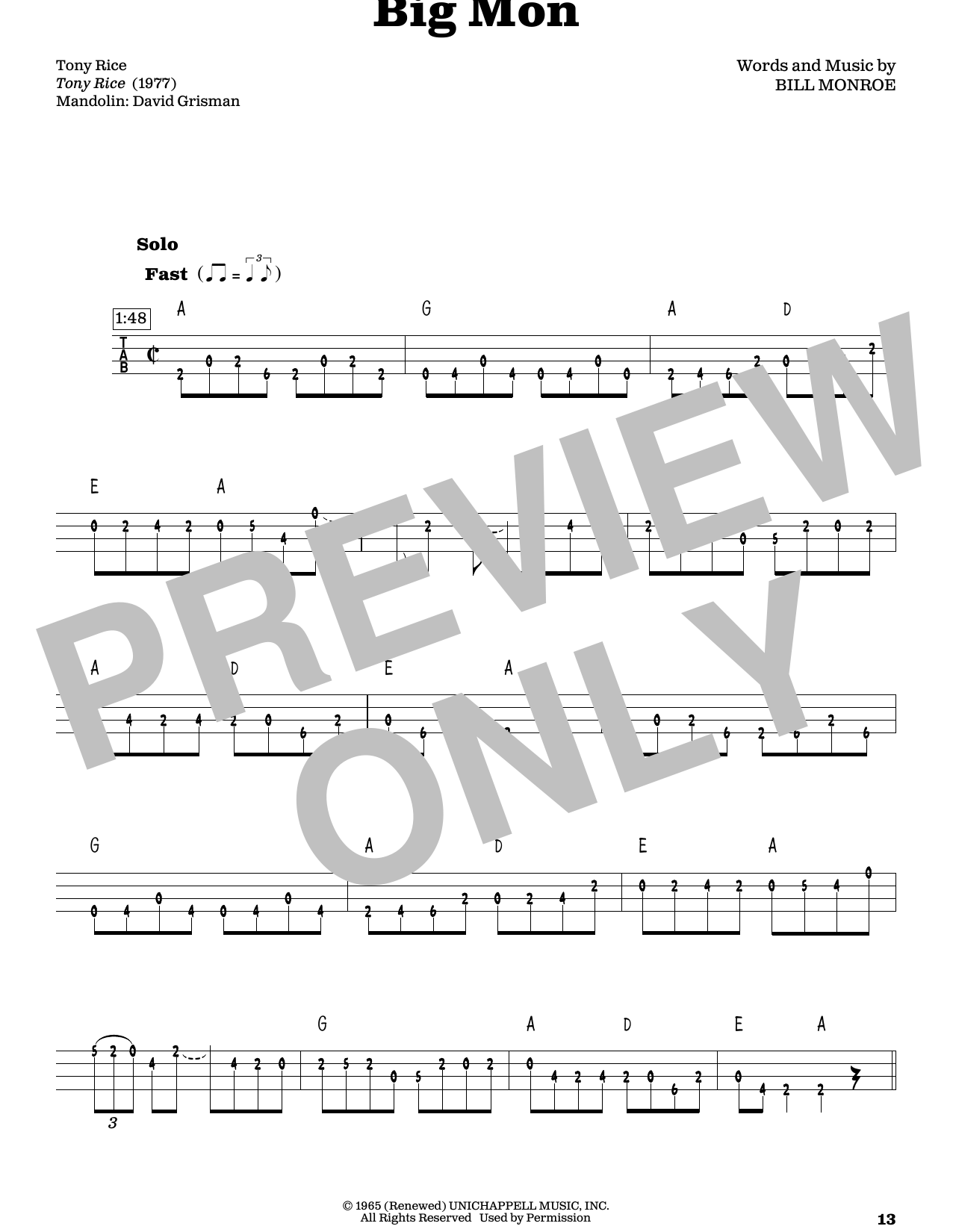 Bill Monroe Big Mon (arr. Fred Sokolow) sheet music notes and chords. Download Printable PDF.