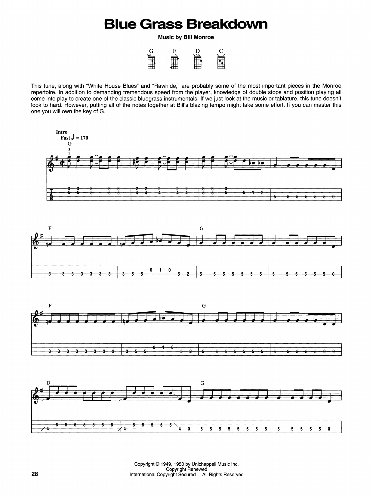 Bill Monroe Blue Grass Breakdown sheet music notes and chords. Download Printable PDF.