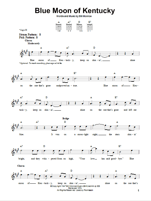 Bill Monroe Blue Moon Of Kentucky sheet music notes and chords. Download Printable PDF.