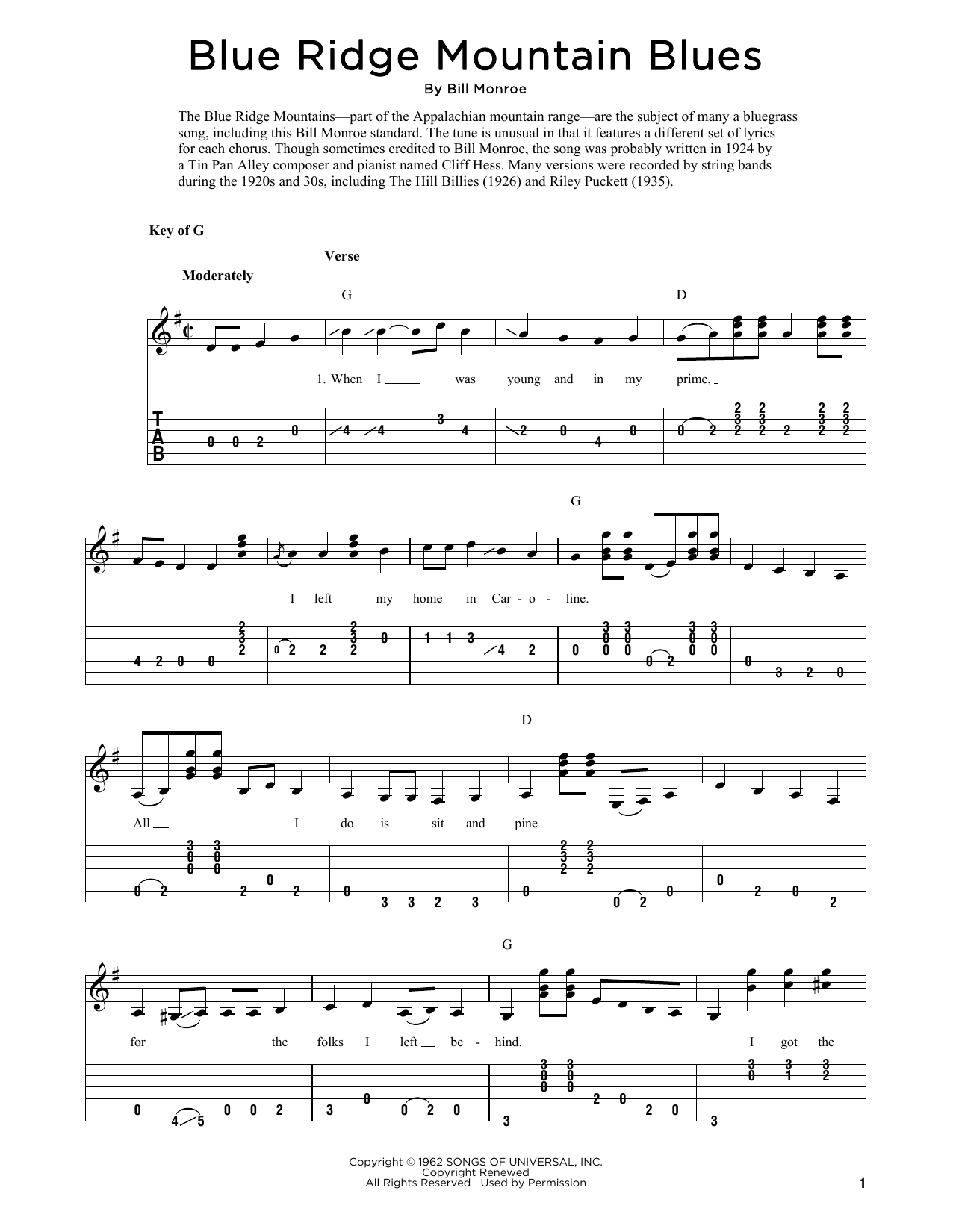 Bill Monroe Blue Ridge Mountain Blues (arr. Fred Sokolow) sheet music notes and chords. Download Printable PDF.