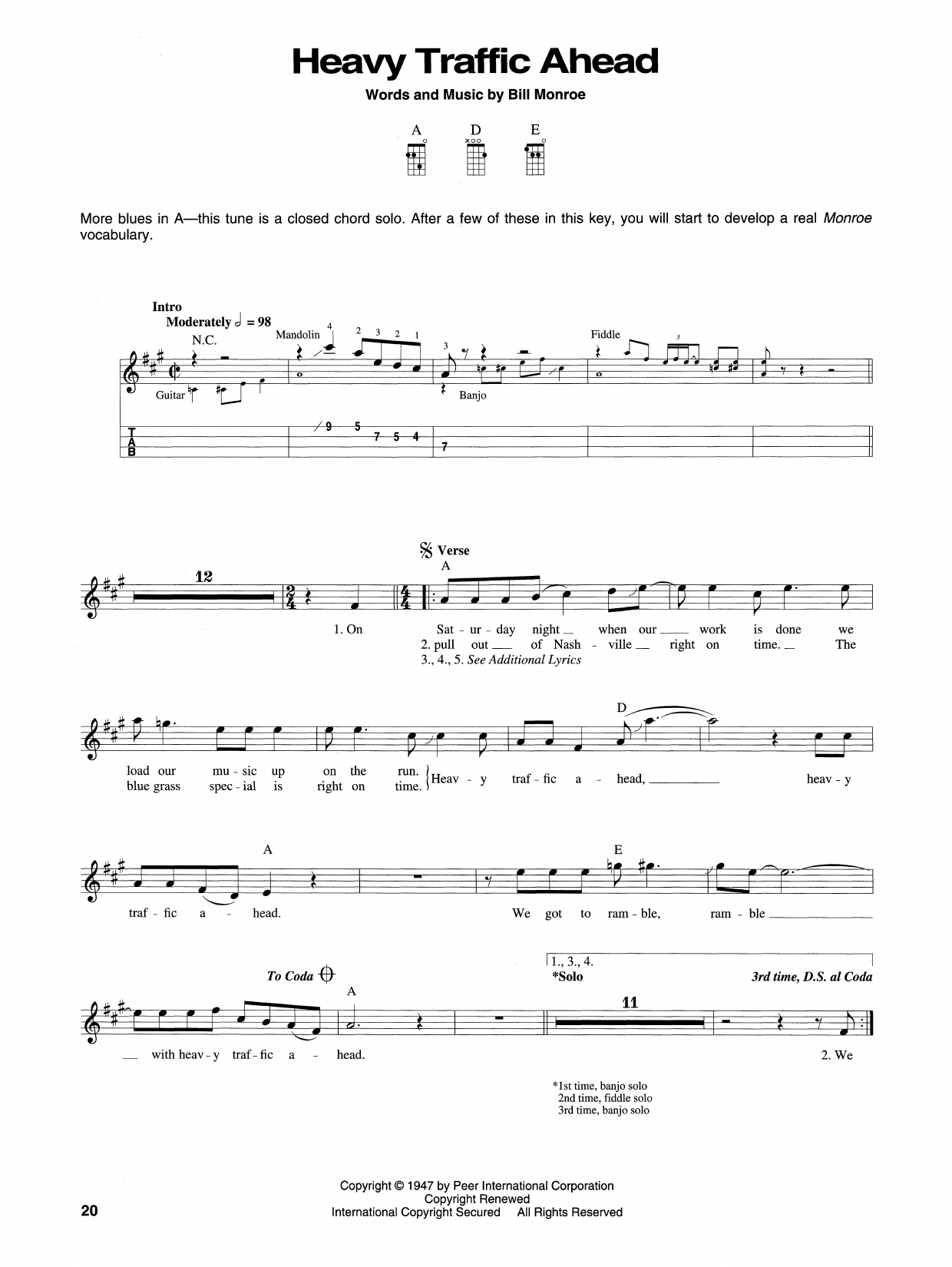 Bill Monroe Heavy Traffic Ahead sheet music notes and chords. Download Printable PDF.