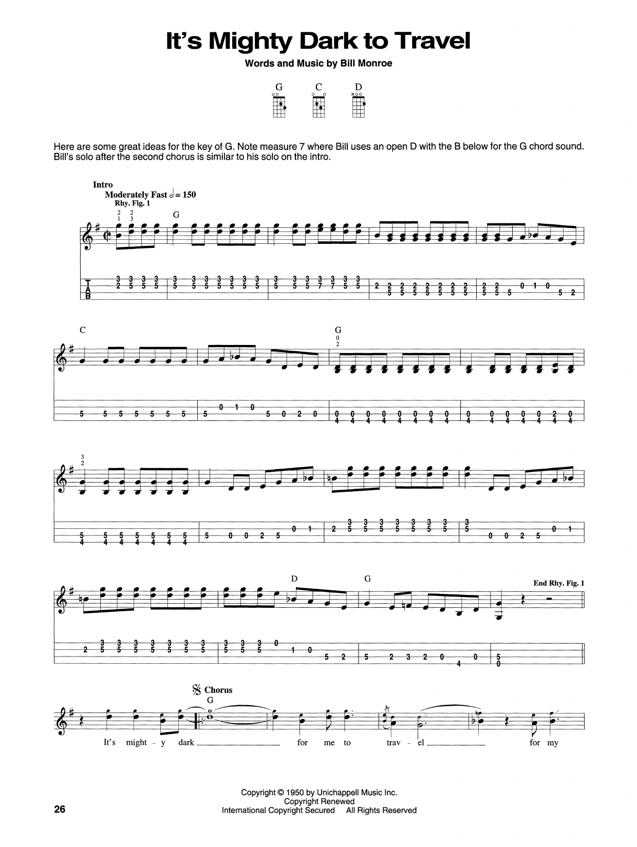 Bill Monroe It's Mighty Dark To Travel sheet music notes and chords. Download Printable PDF.