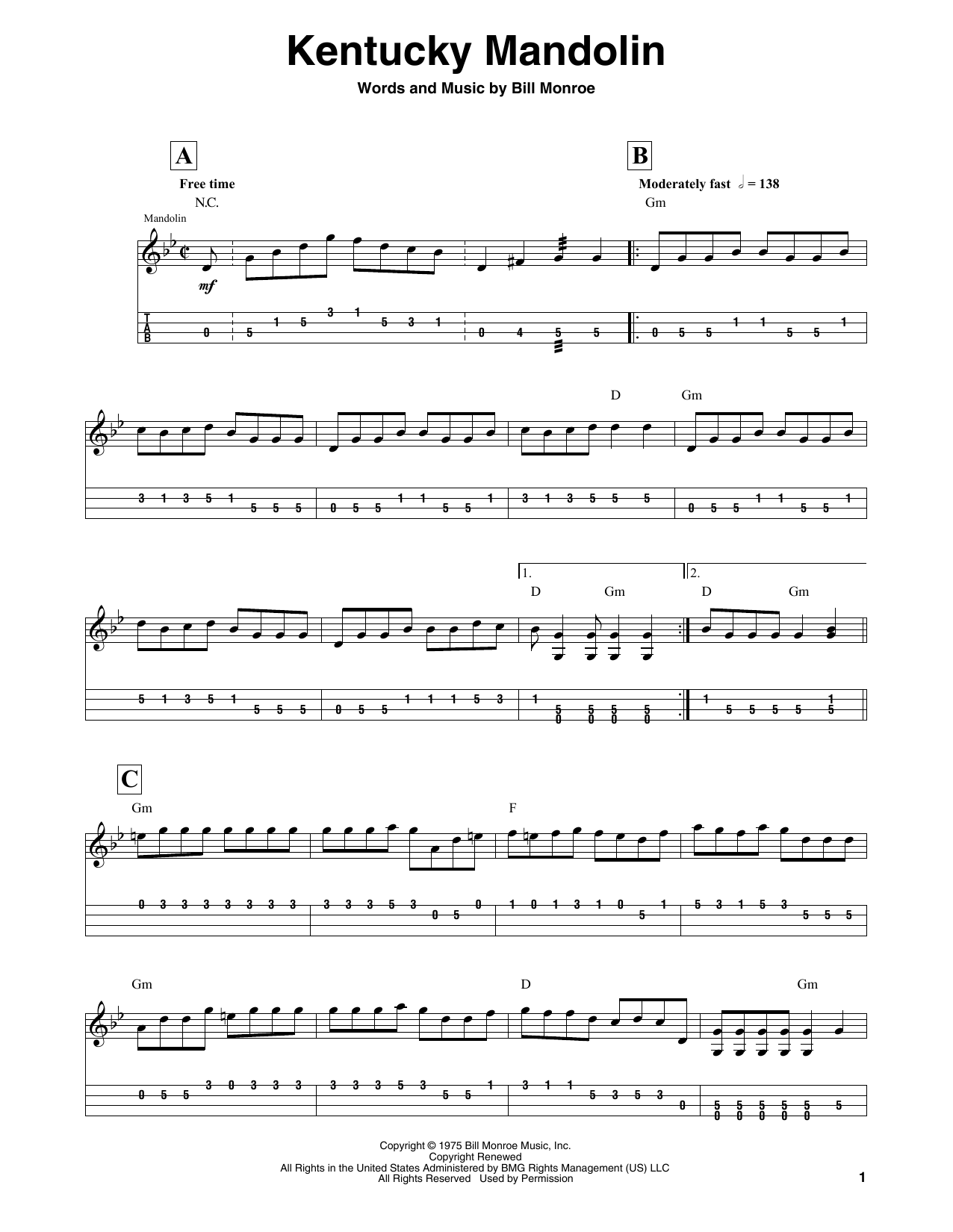 Bill Monroe Kentucky Mandolin sheet music notes and chords. Download Printable PDF.