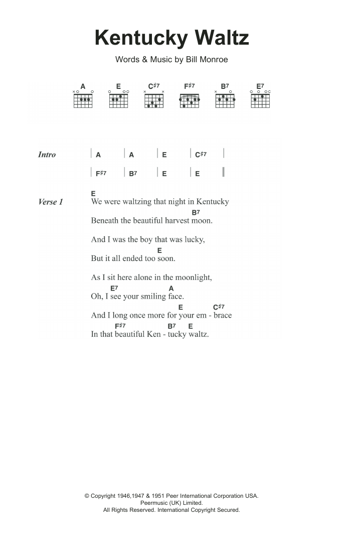 Bill Monroe Kentucky Waltz sheet music notes and chords. Download Printable PDF.