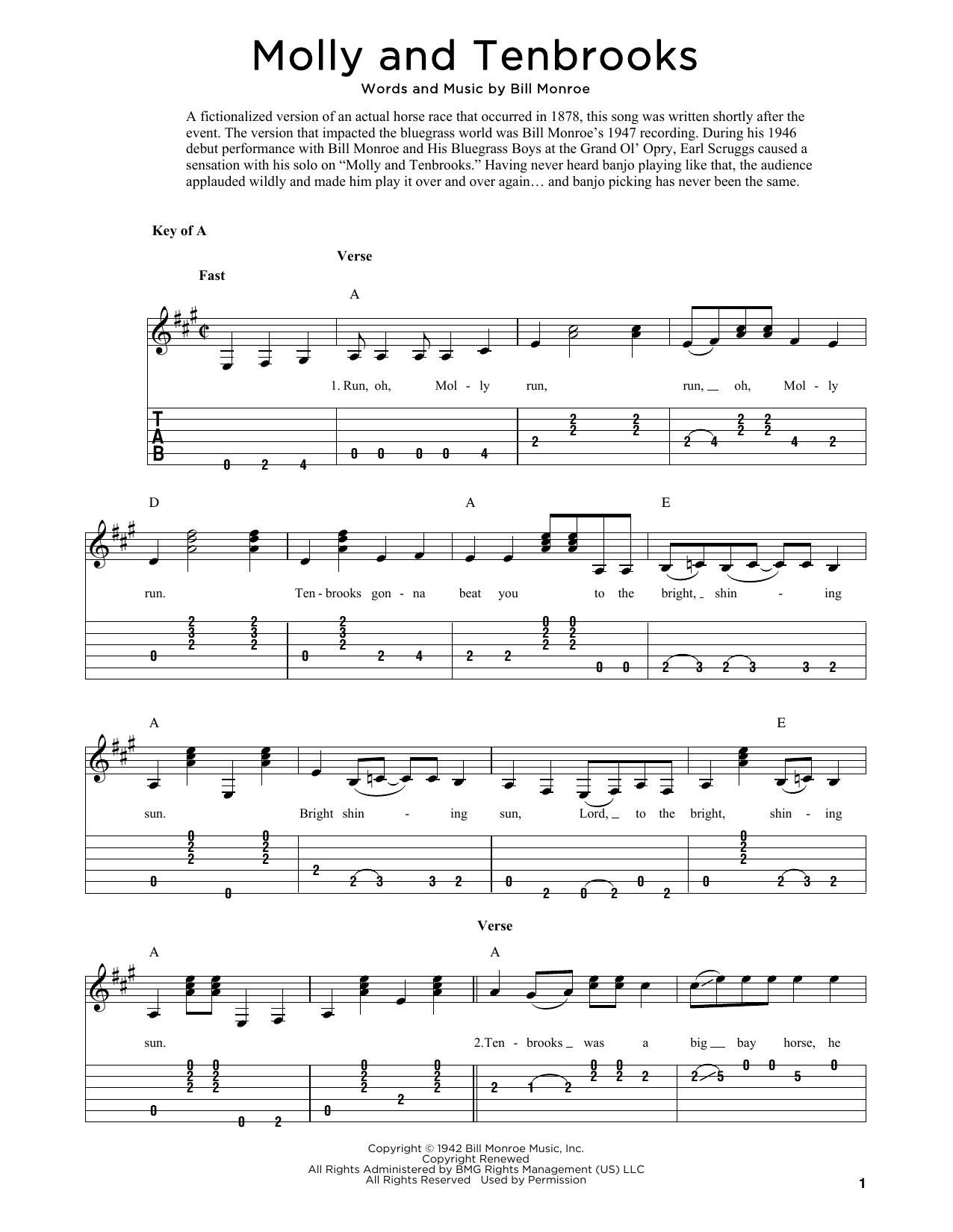 Bill Monroe Molly And Tenbrooks (arr. Fred Sokolow) sheet music notes and chords. Download Printable PDF.