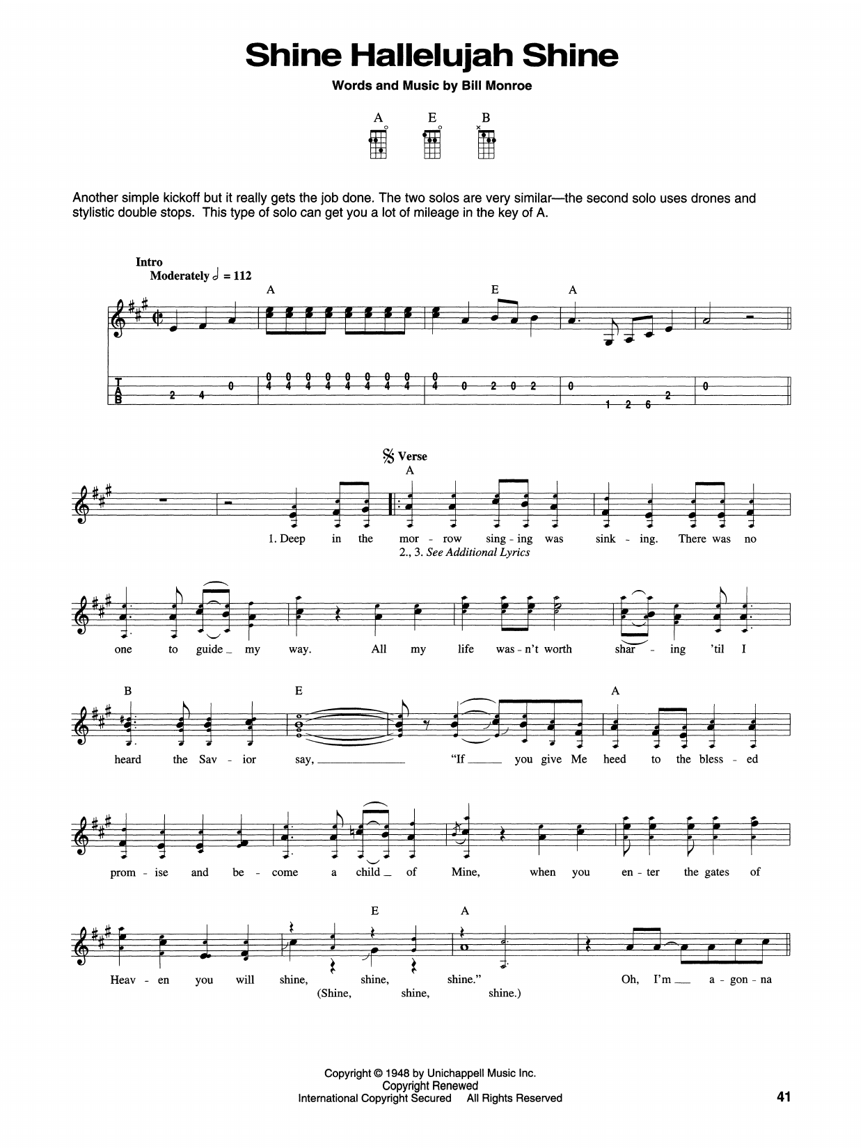 Bill Monroe Shine Hallelujah Shine sheet music notes and chords. Download Printable PDF.