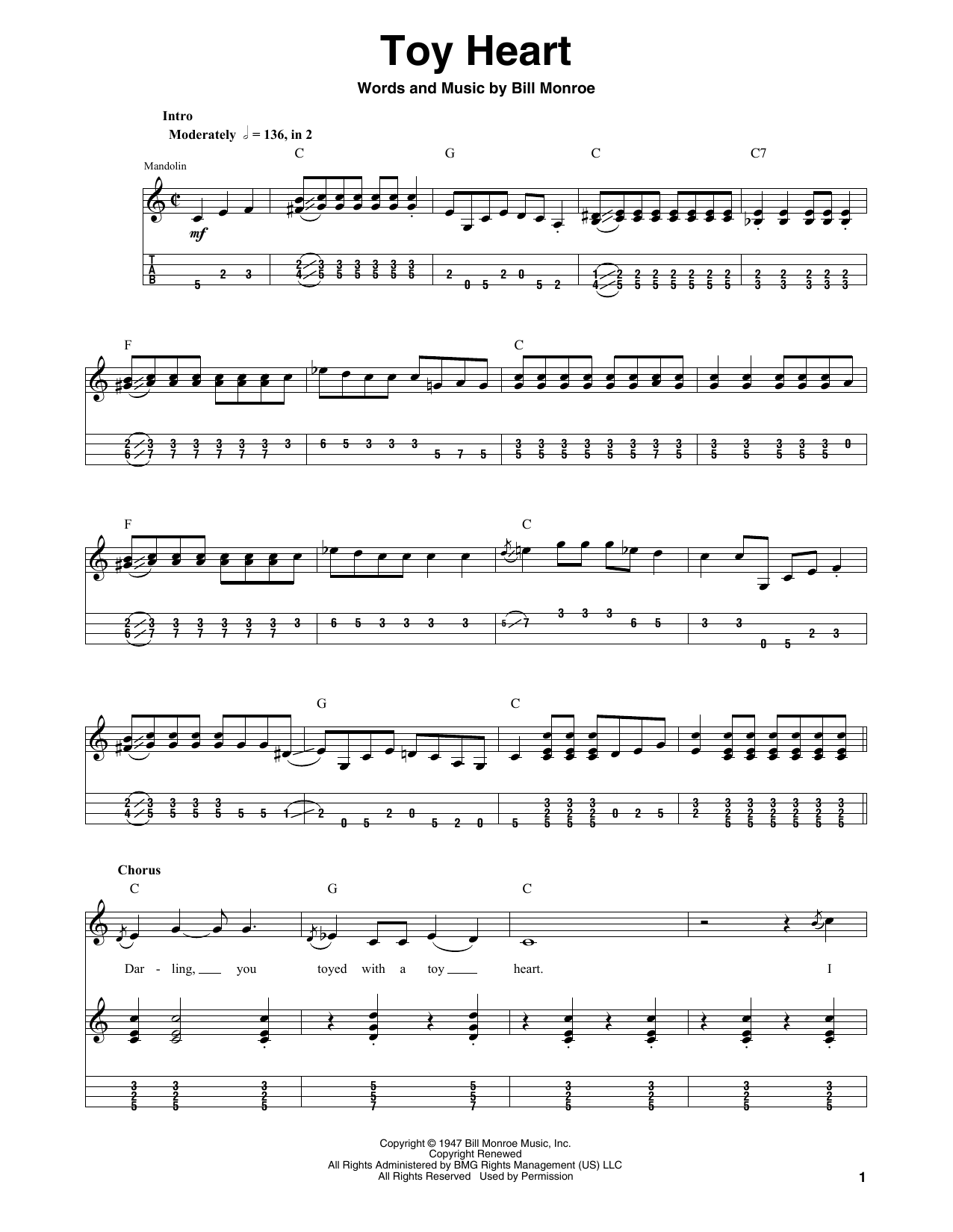 Bill Monroe Toy Heart sheet music notes and chords. Download Printable PDF.