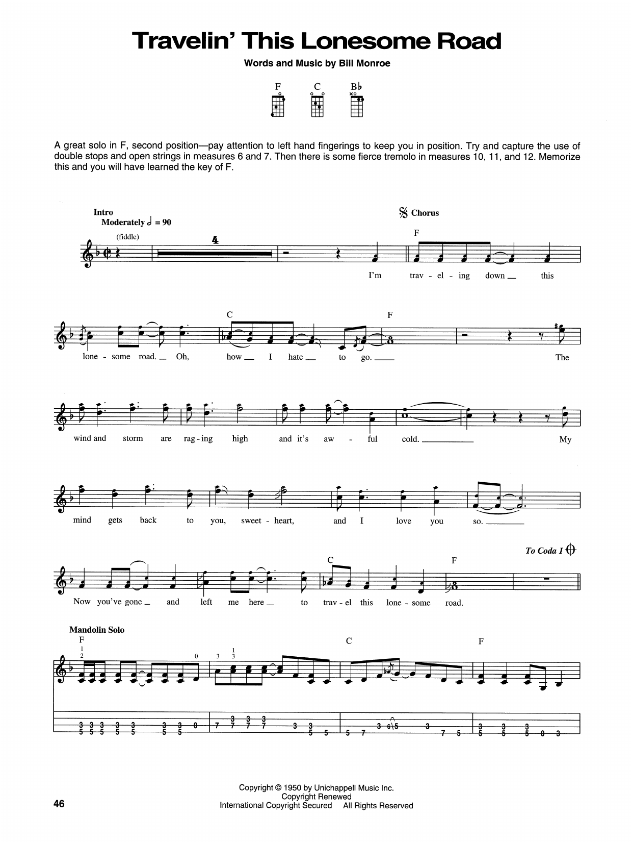 Bill Monroe Travelin' This Lonesome Road sheet music notes and chords. Download Printable PDF.