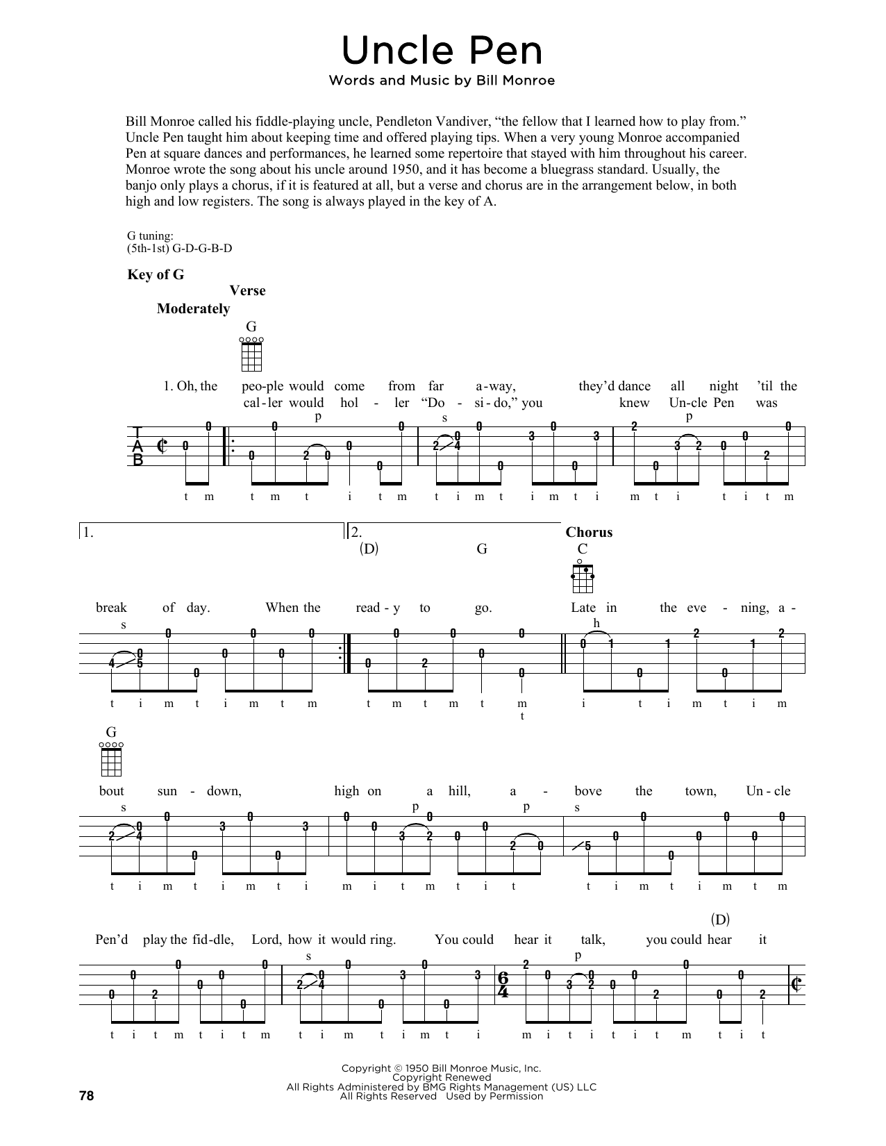 Bill Monroe Uncle Pen (arr. Fred Sokolow) sheet music notes and chords. Download Printable PDF.