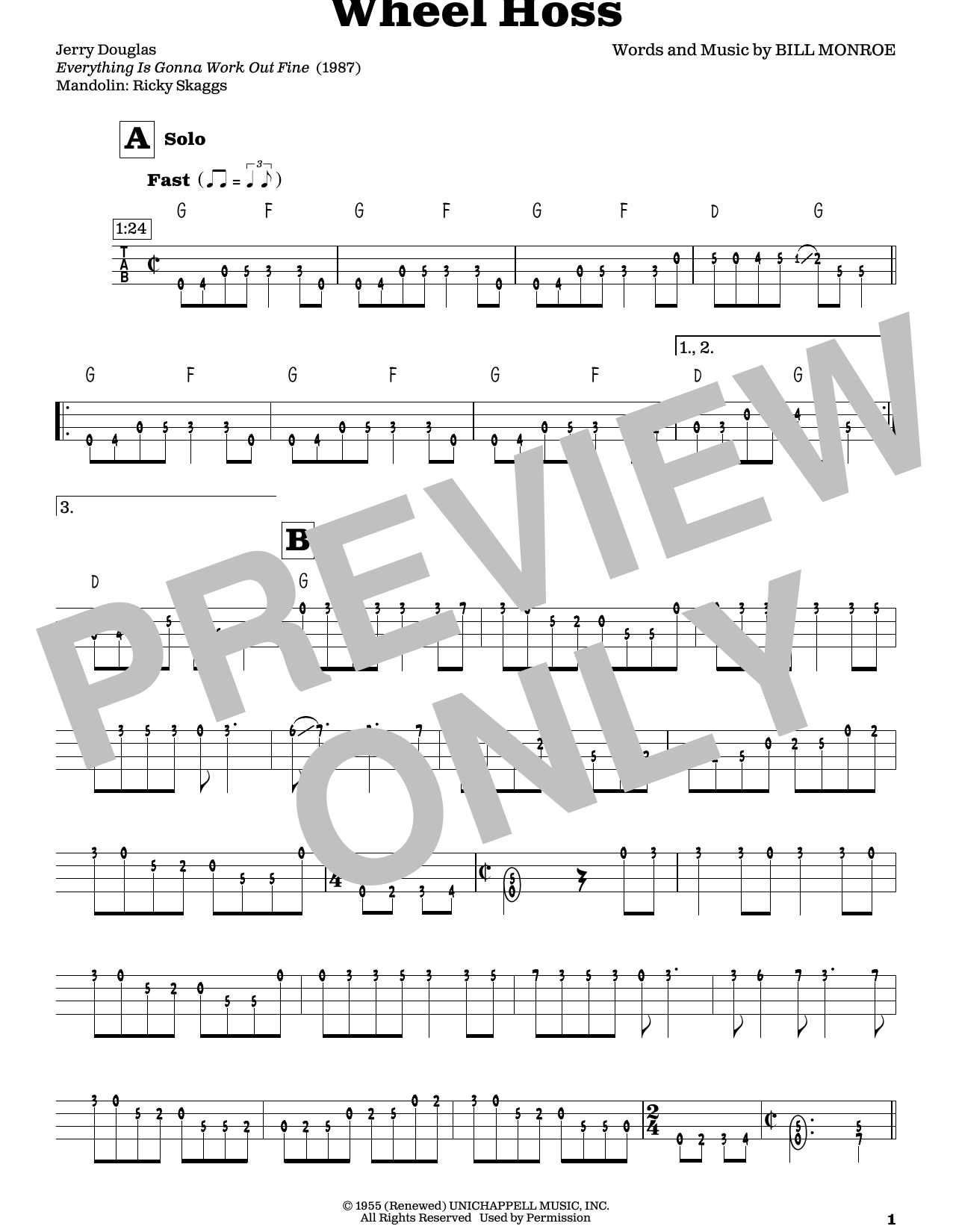 Bill Monroe Wheel Hoss (arr. Fred Sokolow) sheet music notes and chords. Download Printable PDF.