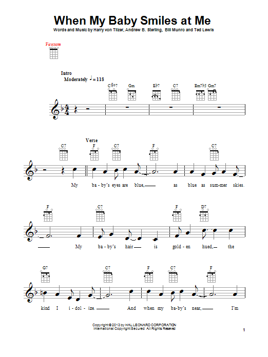 Learn to play Bill Munro When My Baby Smiles At Me sheet music for Ukulele in minutes. Price: 5.9900$ Bill Munro When My Baby Smiles At Me sheet music notes and chords arranged for Ukulele