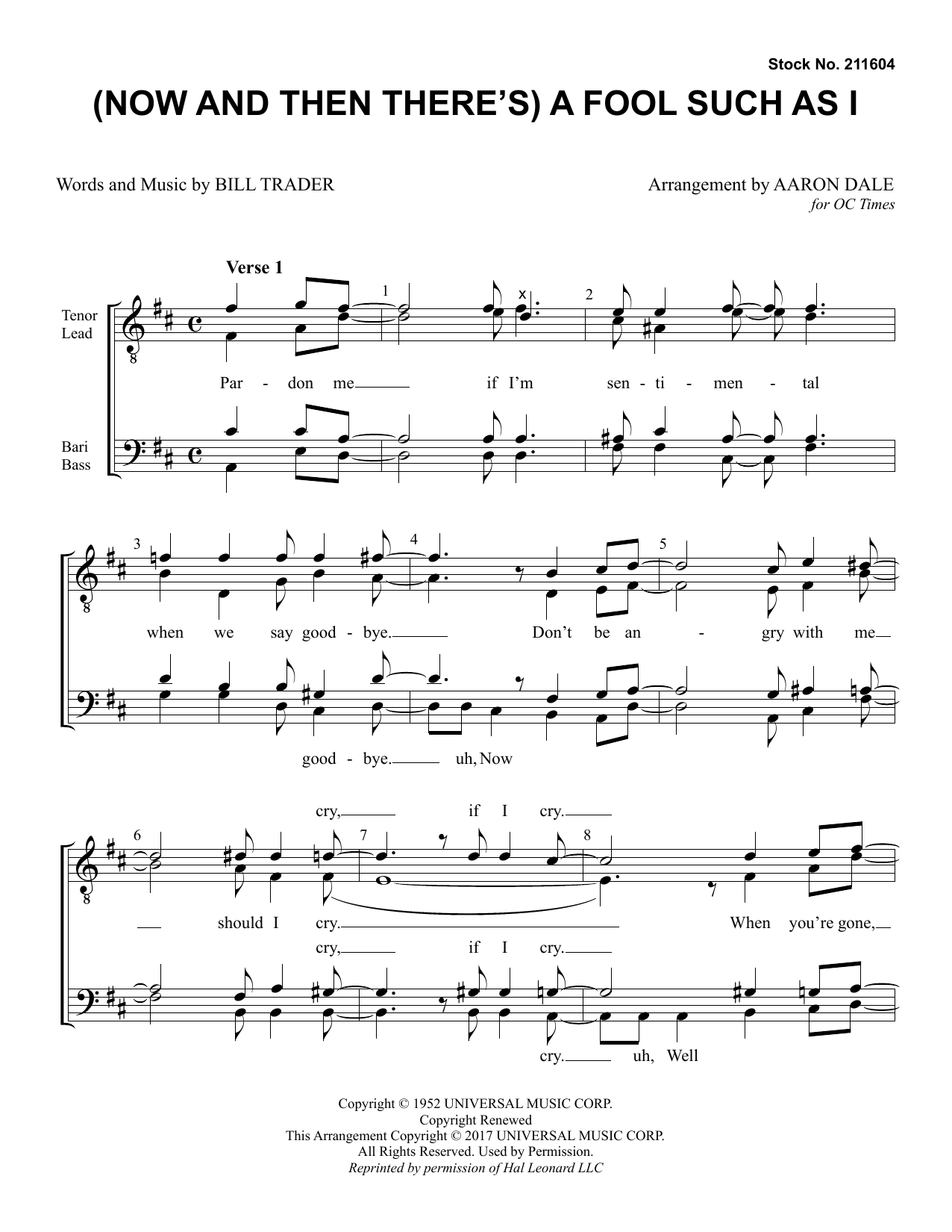 Learn to play Bill Trader (Now And Then There's) A Fool Such As I (arr. Aaron Dale) sheet music for TTBB Choir in minutes. Price: 3.9900$ Bill Trader (Now And Then There's) A Fool Such As I (arr. Aaron Dale) sheet music notes and chords arranged for TTBB Choir