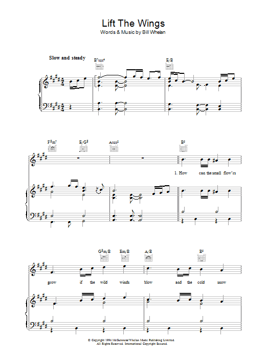 Learn to play Bill Whelan Lift The Wings sheet music for Piano, Vocal & Guitar Chords in minutes. Price: 7.8900$ Bill Whelan Lift The Wings sheet music notes and chords arranged for Piano, Vocal & Guitar Chords