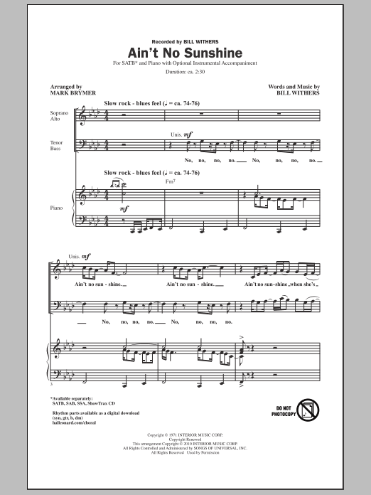 Mark Brymer Ain't No Sunshine sheet music notes and chords. Download Printable PDF.