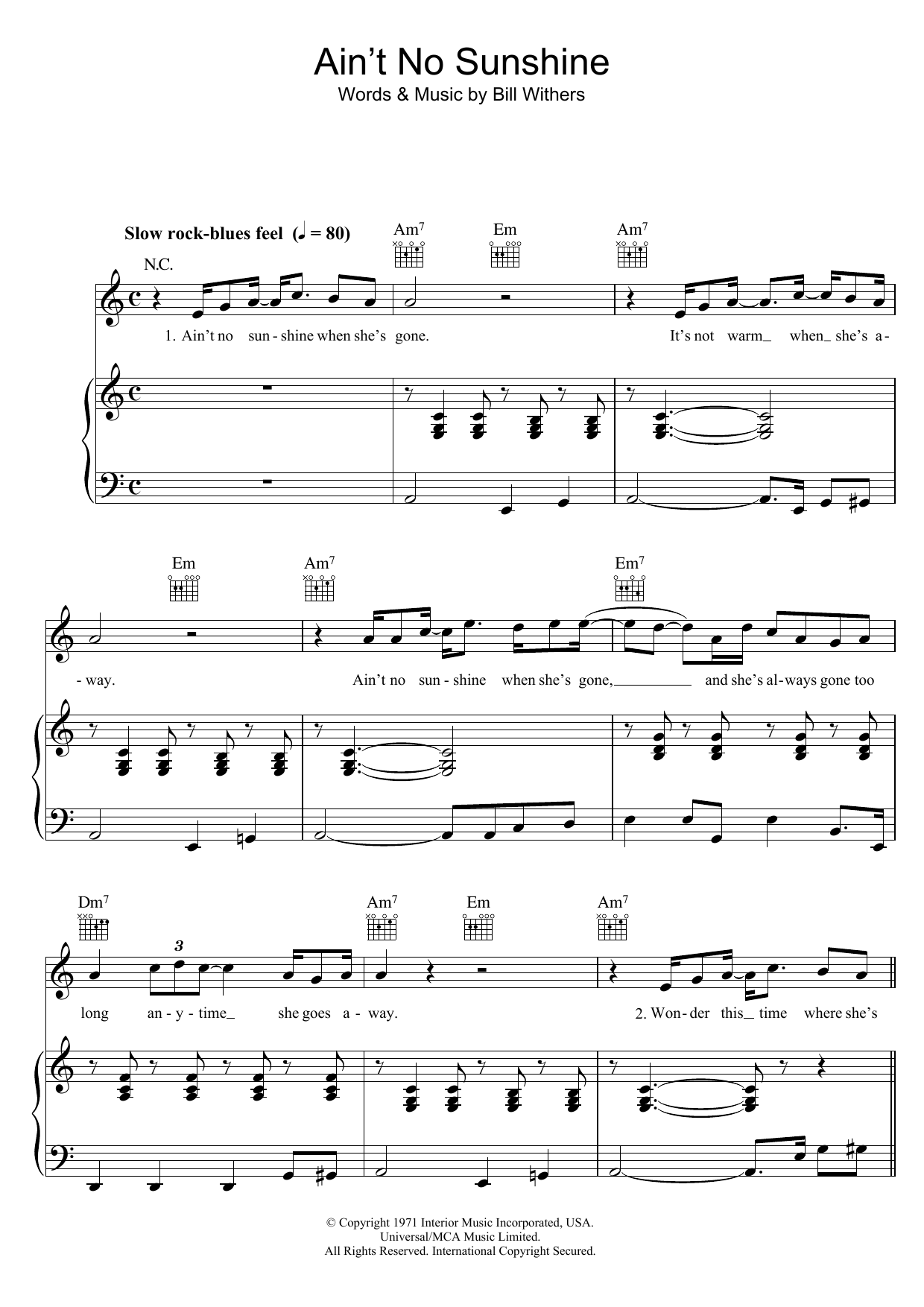 Bill Withers Ain't No Sunshine sheet music notes and chords. Download Printable PDF.