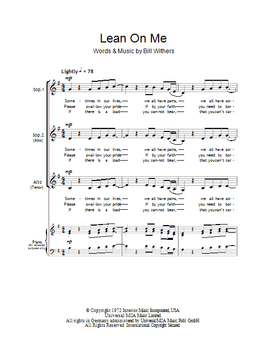 Bill Withers Lean On Me (arr. Barrie Carson Turner) sheet music notes and chords. Download Printable PDF.