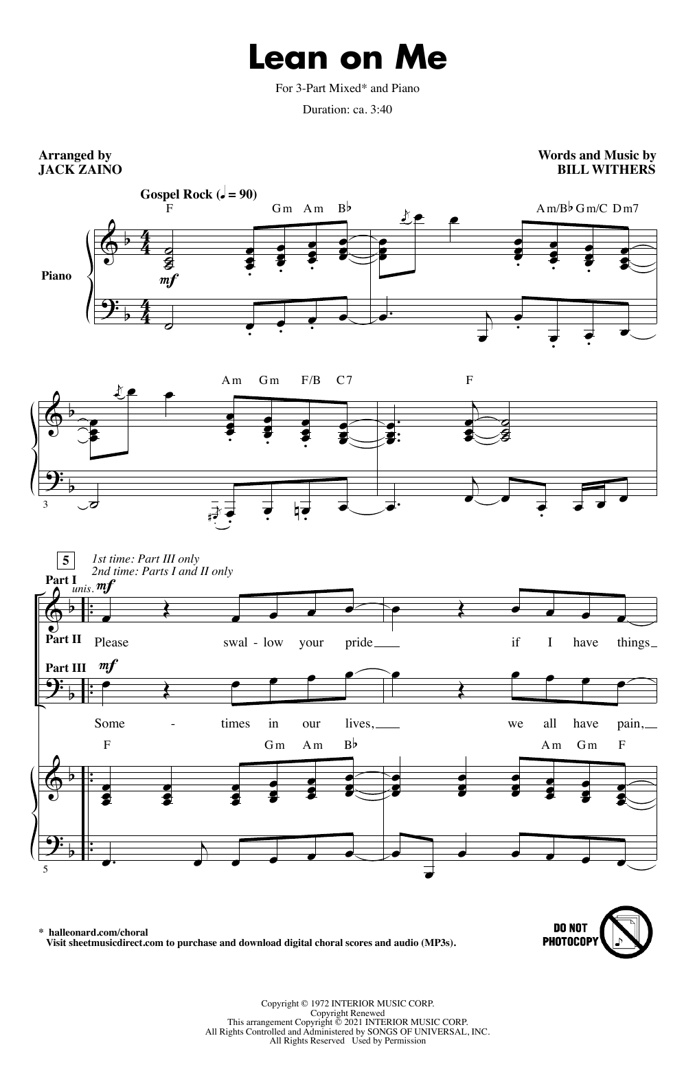 Bill Withers Lean On Me (arr. Jack Zaino) sheet music notes and chords. Download Printable PDF.