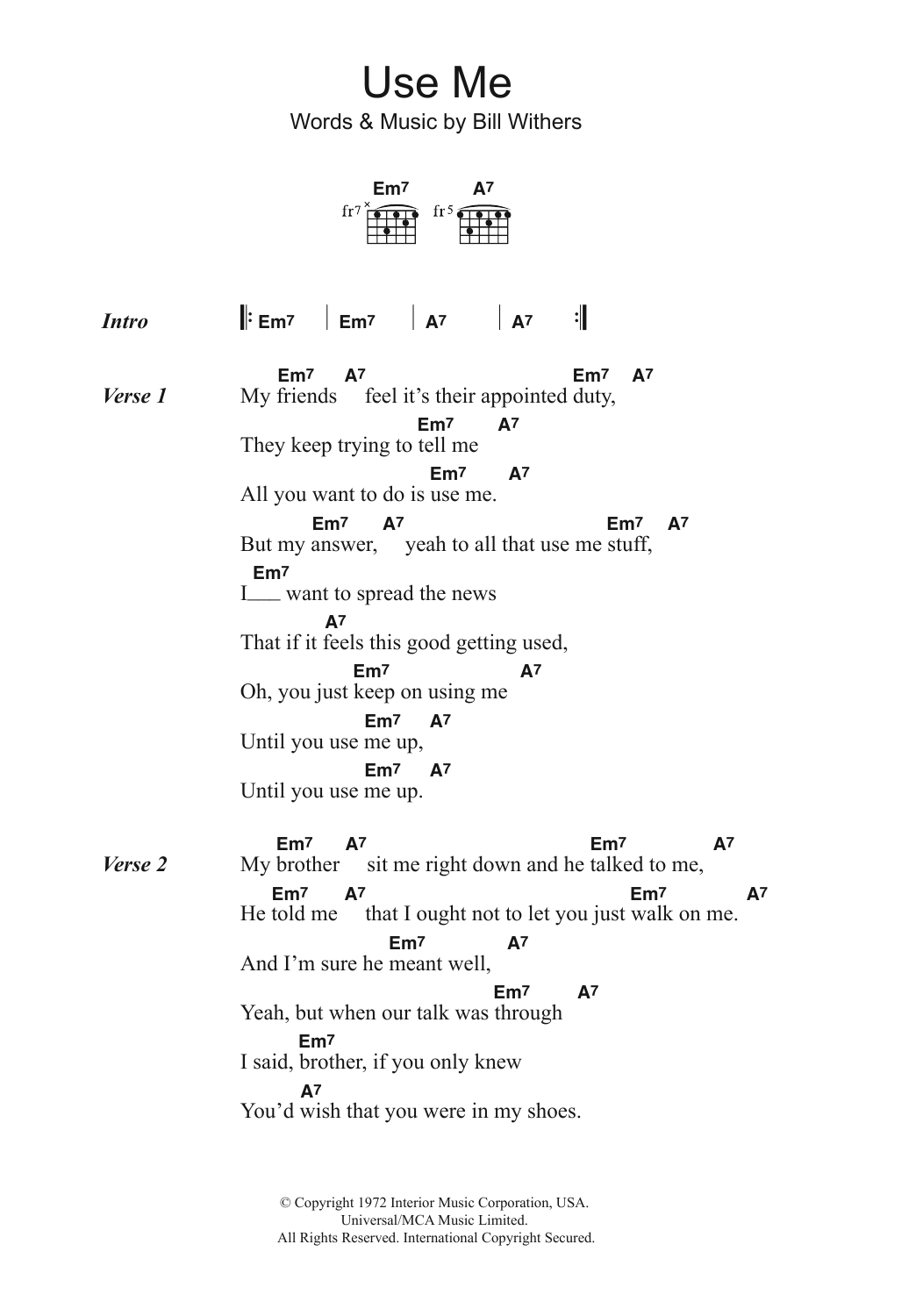 Bill Withers Use Me sheet music notes and chords. Download Printable PDF.