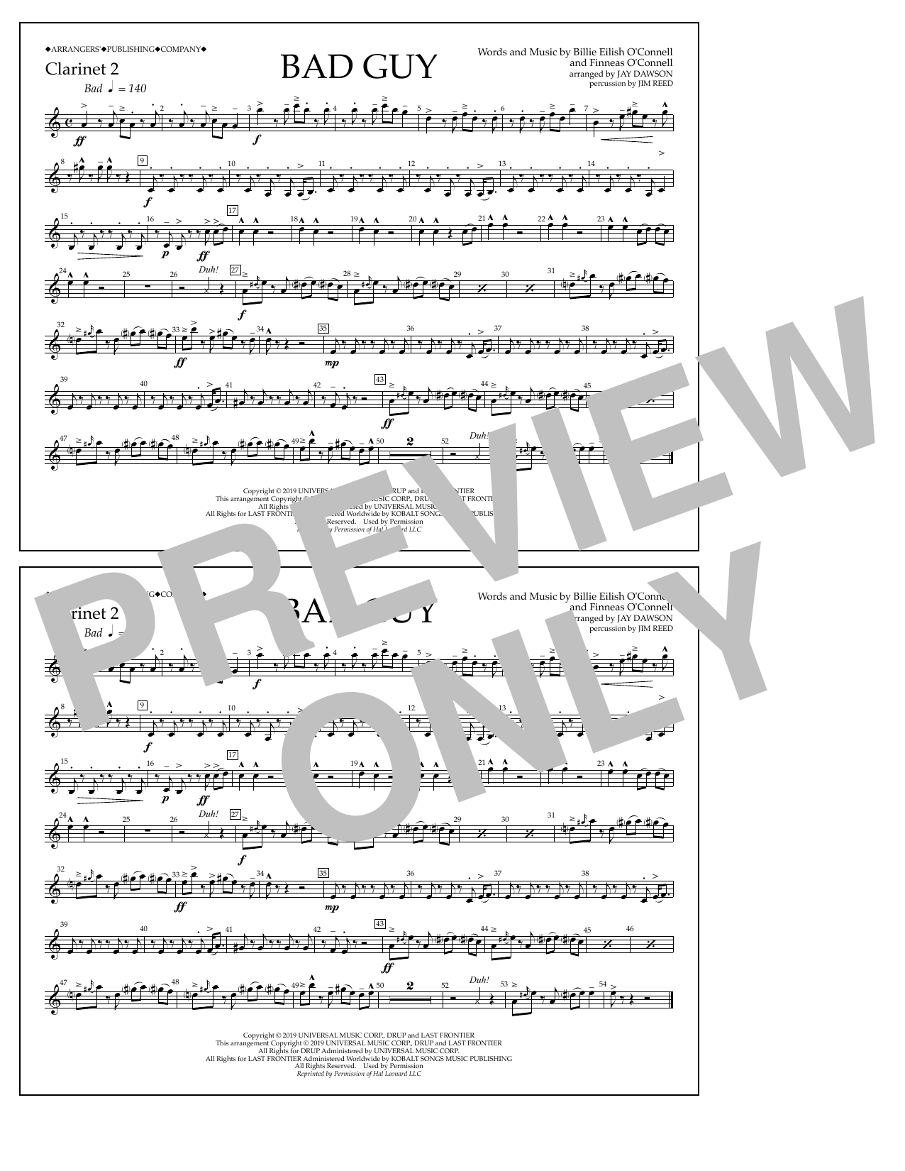 Billie Eilish Bad Guy (arr. Jay Dawson) - Clarinet 2 sheet music notes and chords. Download Printable PDF.