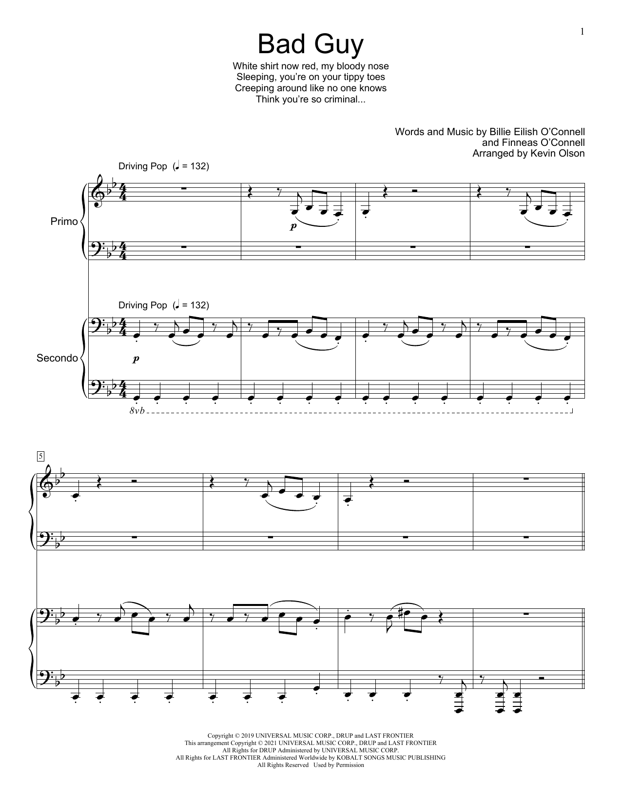 Billie Eilish bad guy (arr. Kevin Olson) sheet music notes and chords. Download Printable PDF.