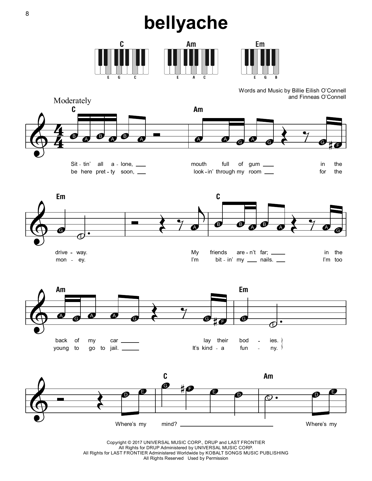 Billie Eilish bellyache sheet music notes and chords. Download Printable PDF.