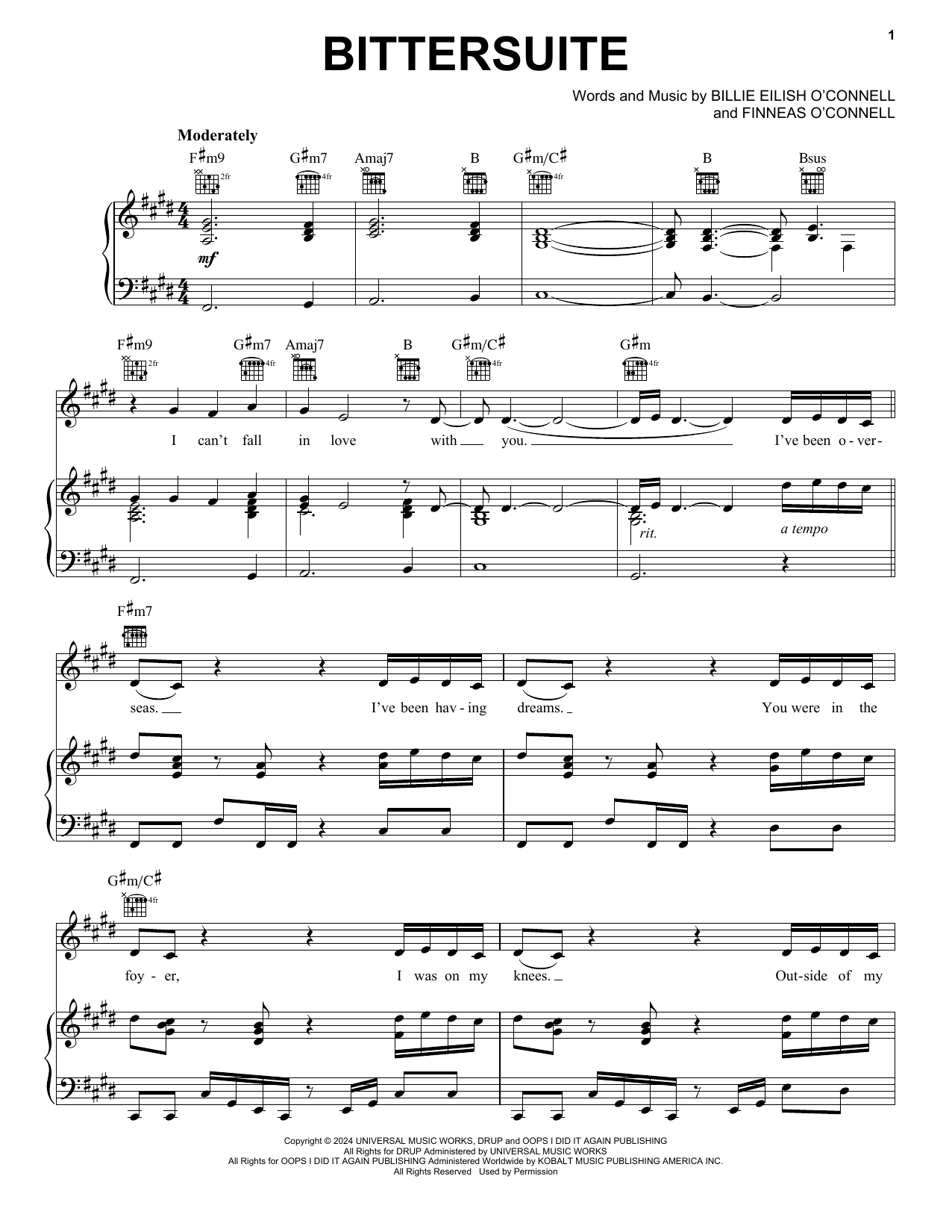 Billie Eilish BITTERSUITE sheet music notes and chords. Download Printable PDF.