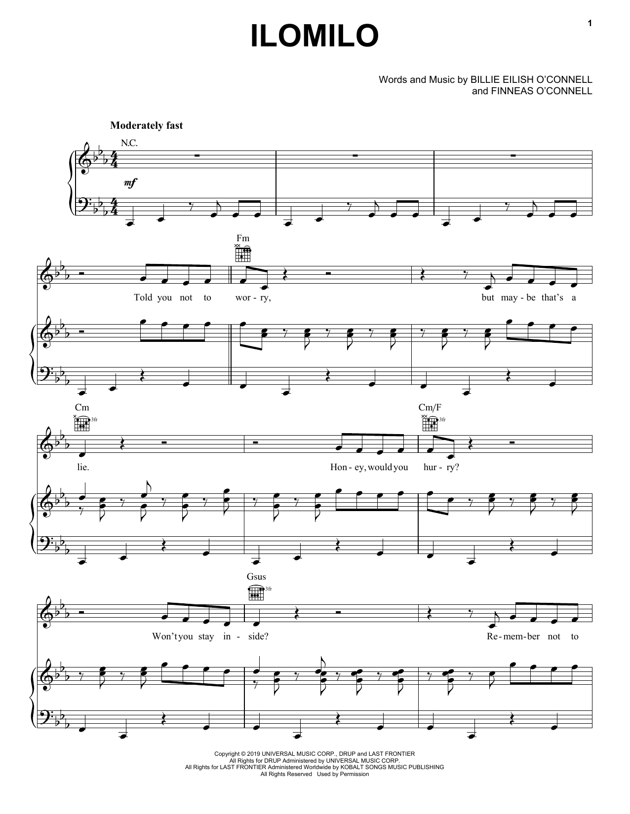 Billie Eilish ilomilo sheet music notes and chords. Download Printable PDF.