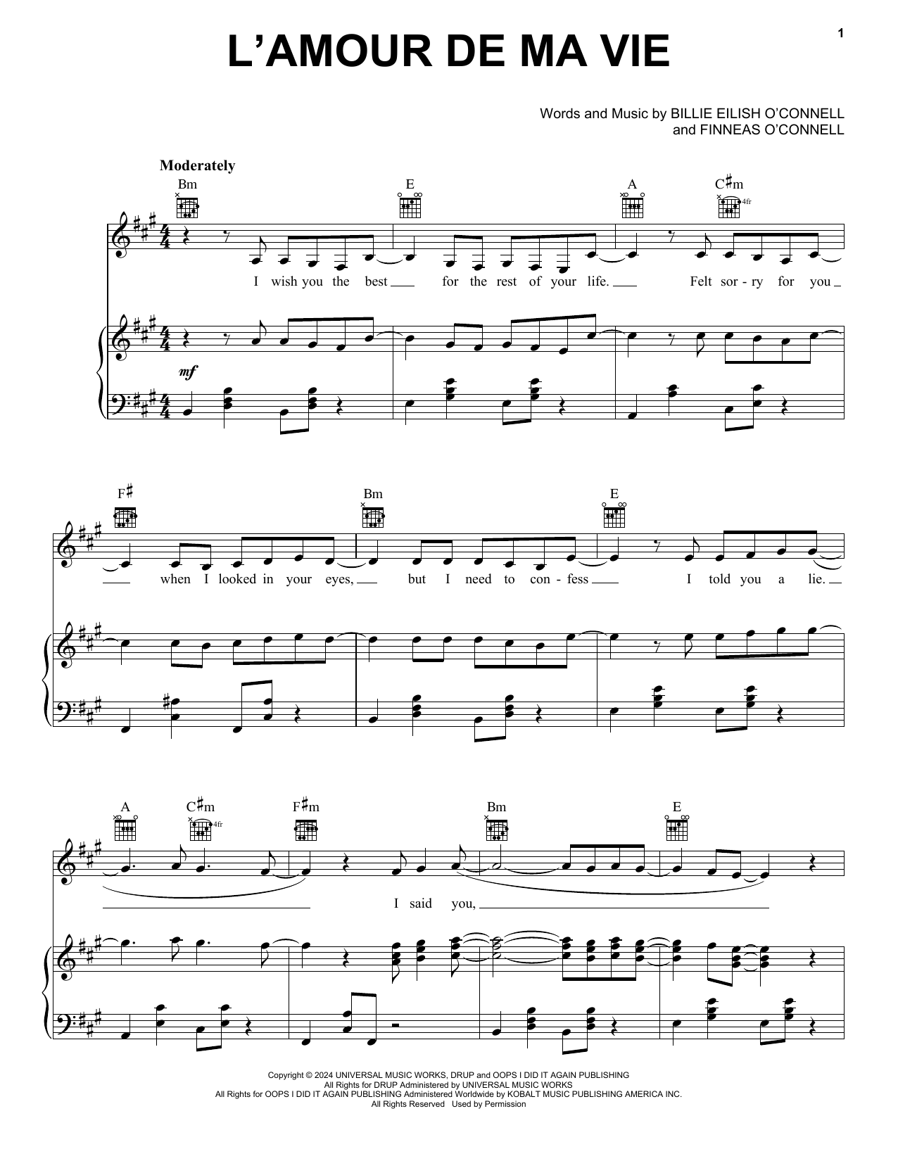 Billie Eilish L'AMOUR DE MA VIE sheet music notes and chords. Download Printable PDF.