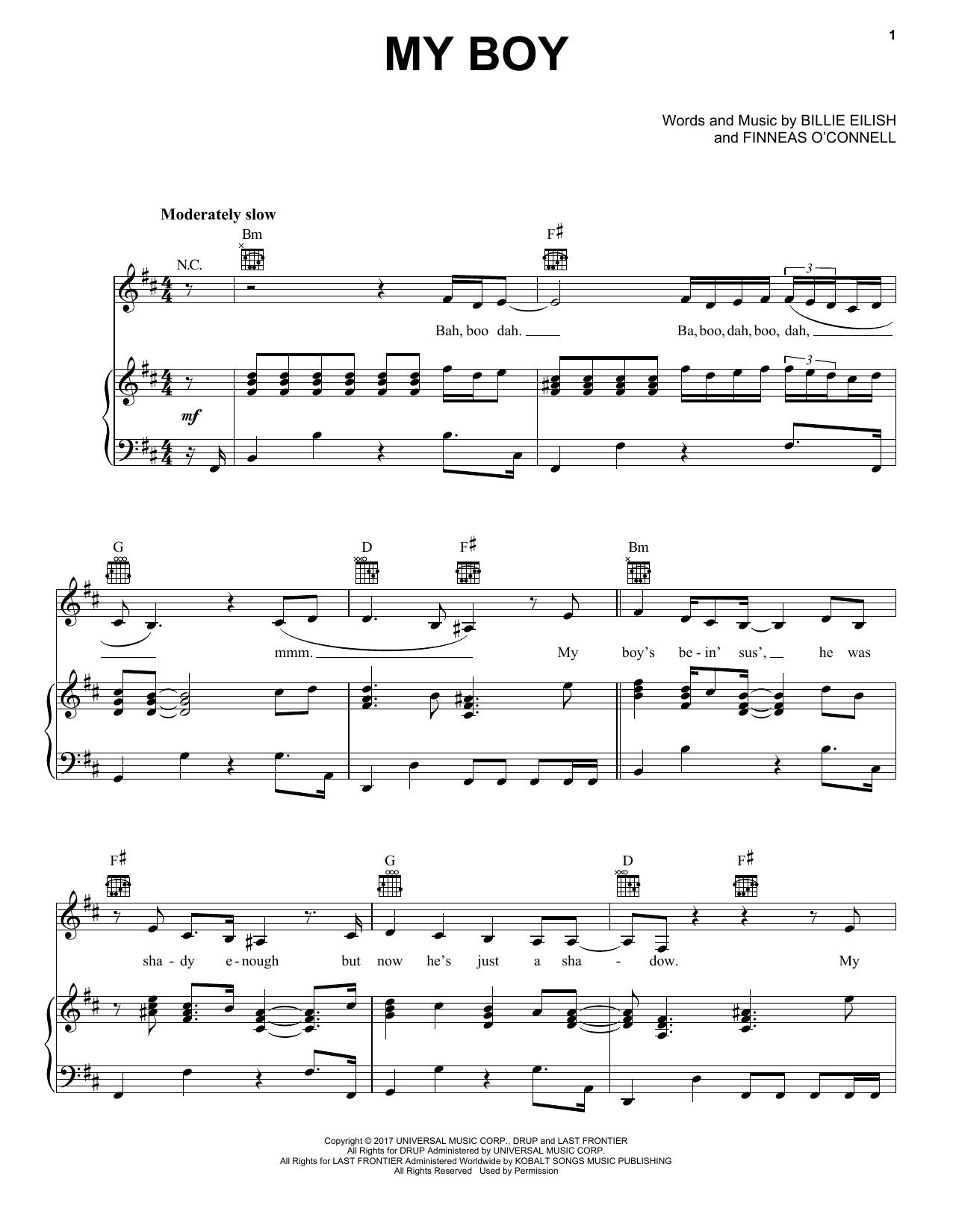 Learn to play Billie Eilish my boy sheet music for Piano, Vocal & Guitar Chords (Right-Hand Melody) in minutes. Price: 7.8900$ Billie Eilish my boy sheet music notes and chords arranged for Piano, Vocal & Guitar Chords (Right-Hand Melody)