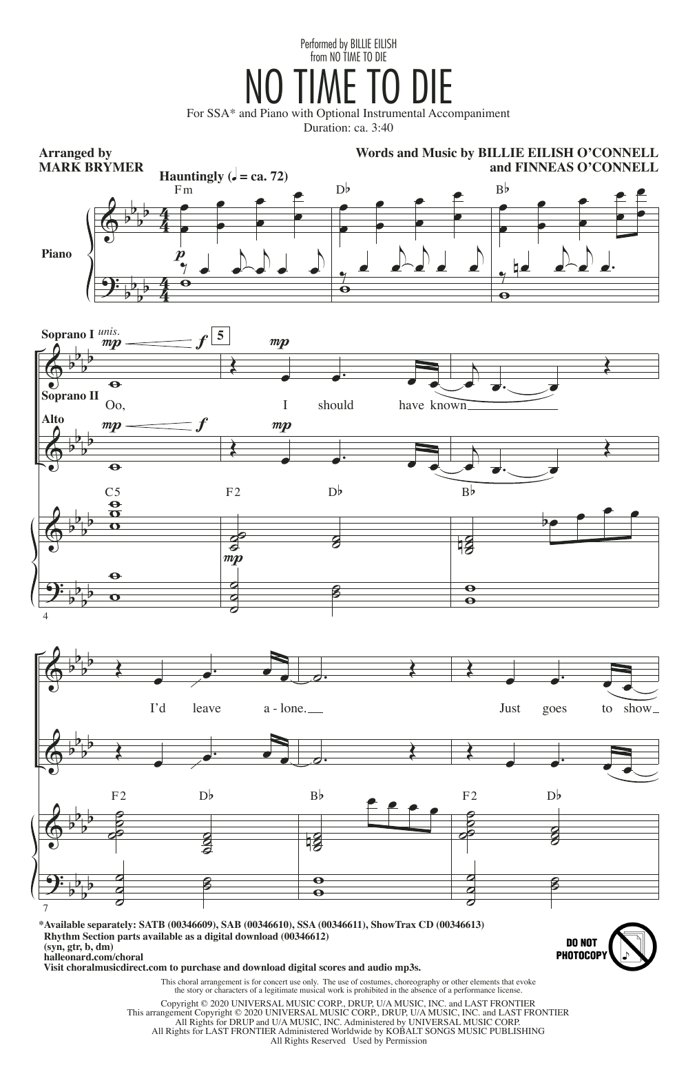 Billie Eilish No Time To Die (arr. Mark Brymer) sheet music notes and chords. Download Printable PDF.