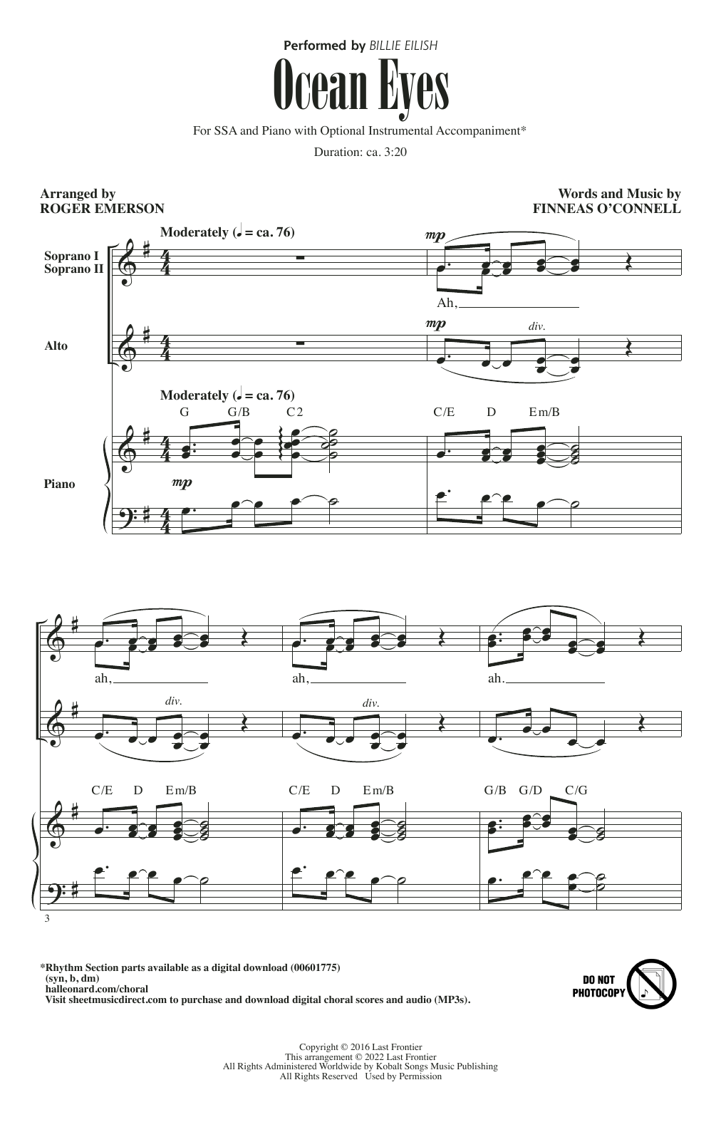 Billie Eilish ocean eyes (arr. Roger Emerson) sheet music notes and chords. Download Printable PDF.