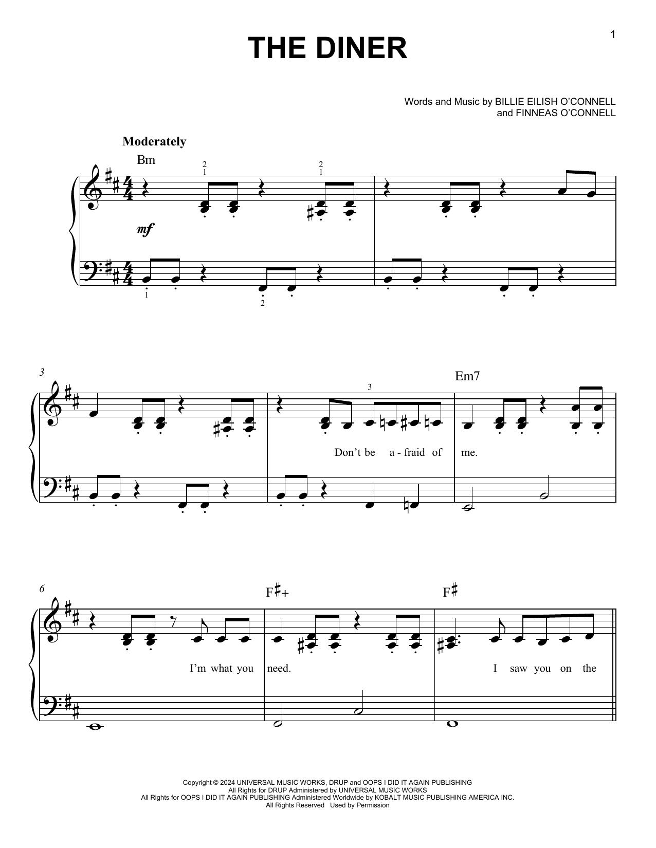 Billie Eilish THE DINER sheet music notes and chords. Download Printable PDF.