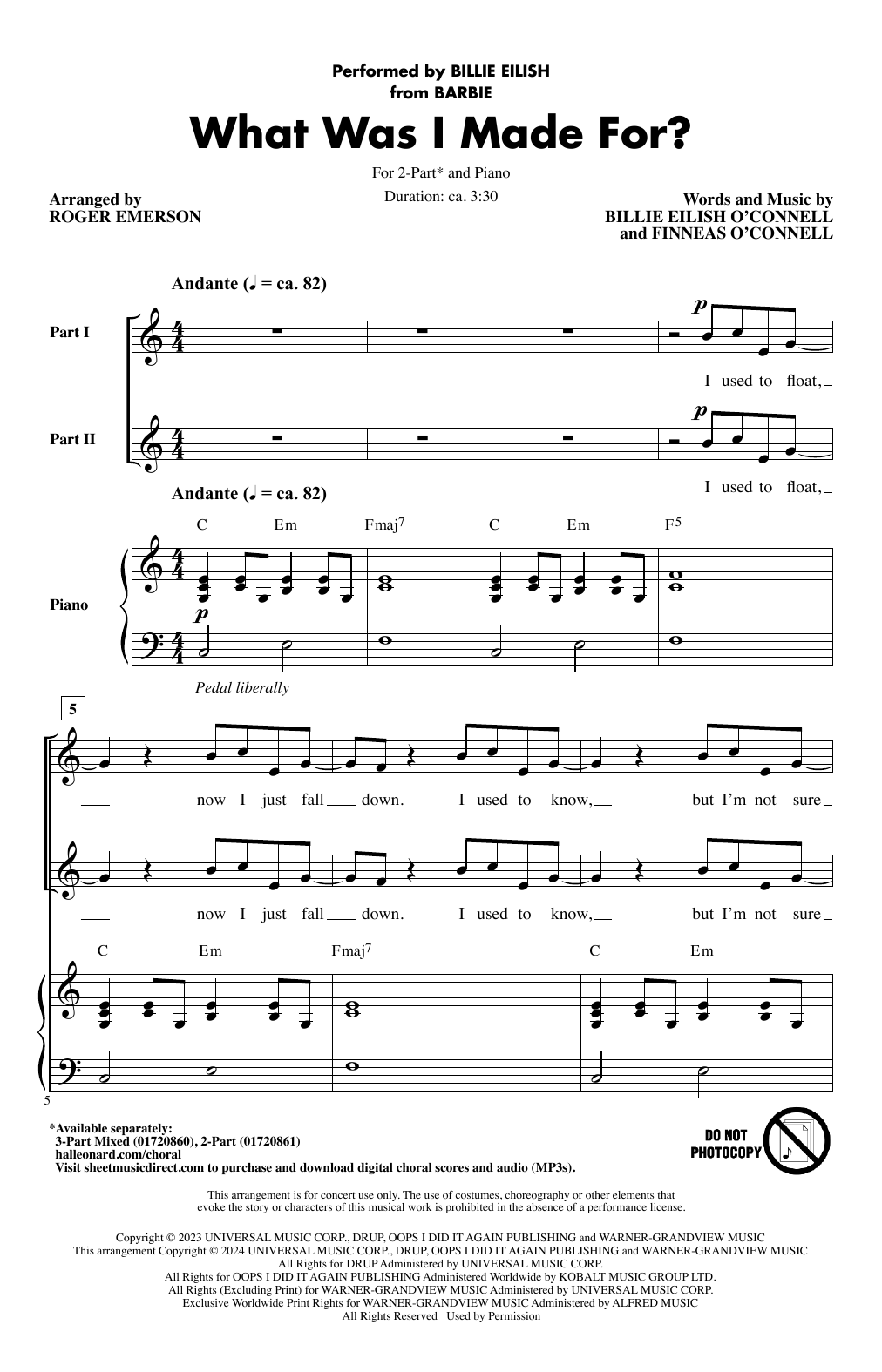 Billie Eilish What Was I Made For? (arr. Roger Emerson) sheet music notes and chords. Download Printable PDF.