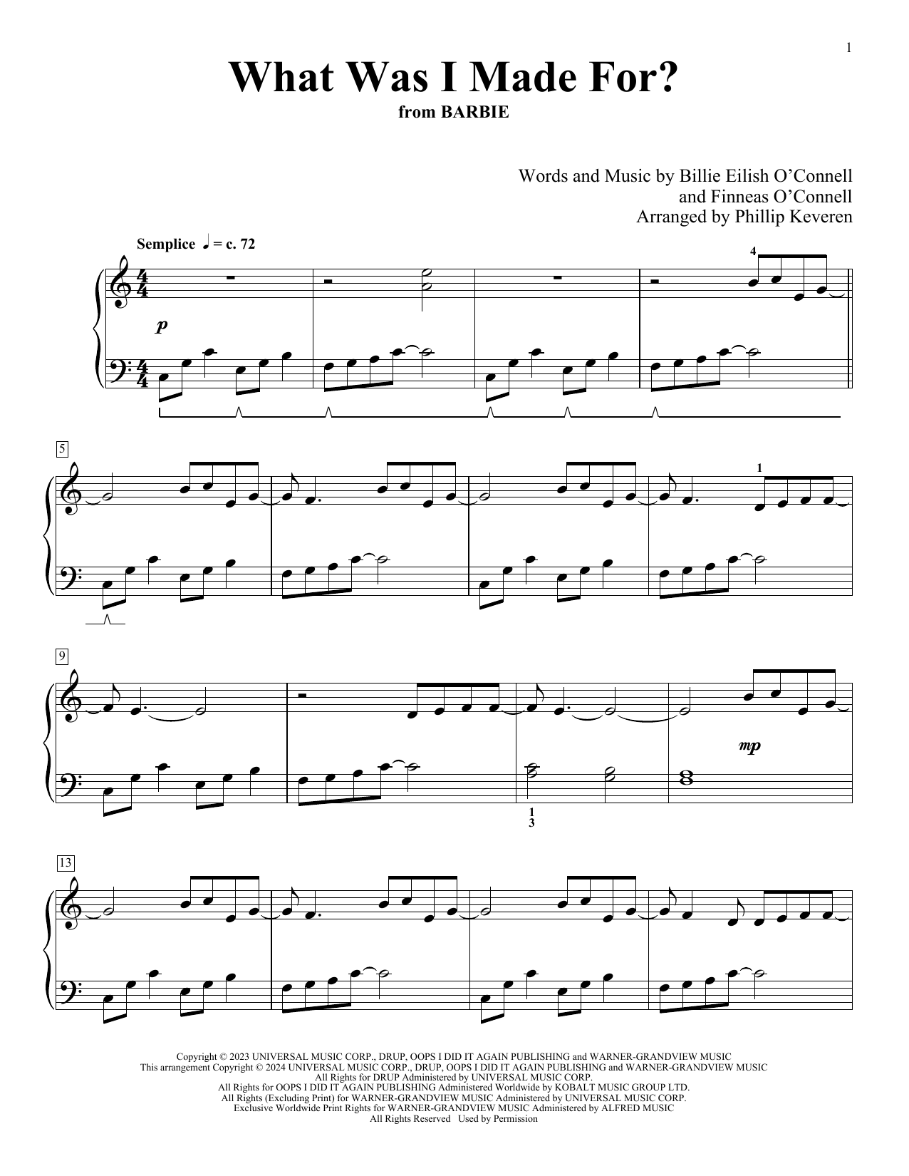 Billie Eilish What Was I Made For? (from Barbie) (arr. Phillip Keveren) sheet music notes and chords. Download Printable PDF.