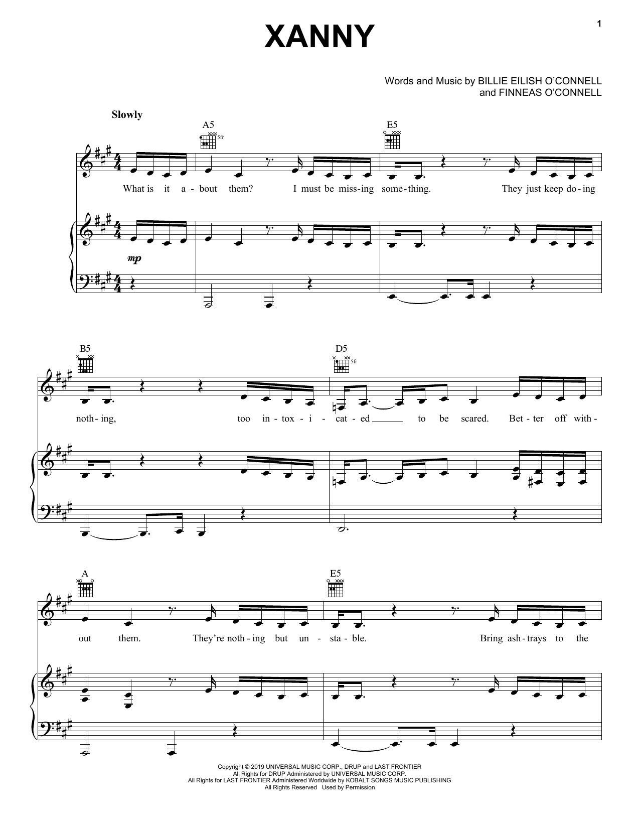 Billie Eilish xanny sheet music notes and chords. Download Printable PDF.