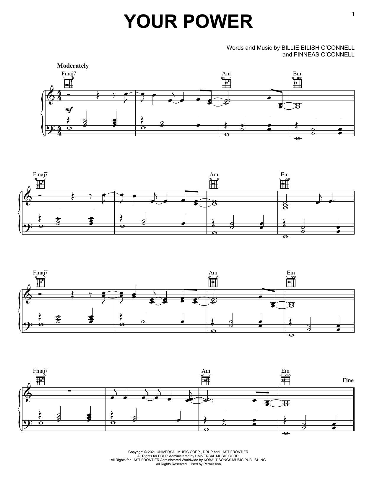 Billie Eilish Your Power sheet music notes and chords. Download Printable PDF.