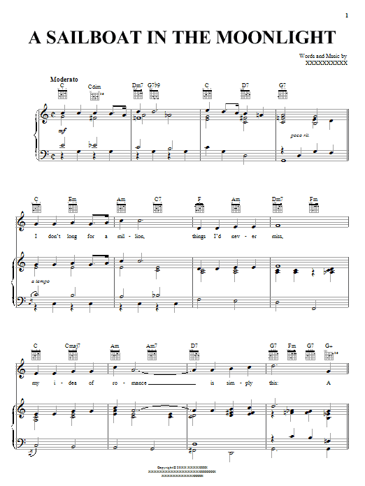 Learn to play Billie Holiday A Sailboat In The Moonlight sheet music for Piano, Vocal & Guitar Chords (Right-Hand Melody) in minutes. Price: 7.8900$ Billie Holiday A Sailboat In The Moonlight sheet music notes and chords arranged for Piano, Vocal & Guitar Chords (Right-Hand Melody)