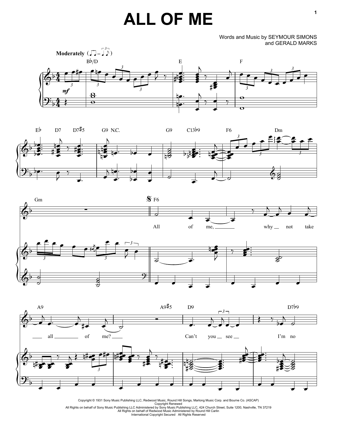 Billie Holiday All Of Me sheet music notes and chords arranged for Piano & Vocal