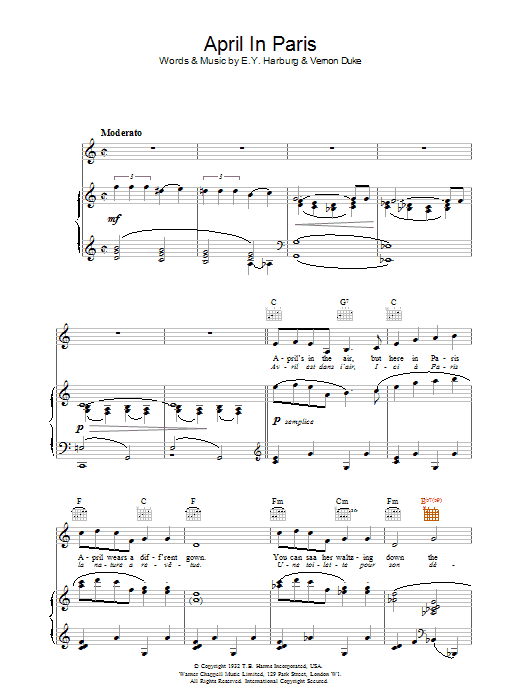 Learn to play Billie Holiday April In Paris sheet music for Piano, Vocal & Guitar Chords in minutes. Price: 7.8900$ Billie Holiday April In Paris sheet music notes and chords arranged for Piano, Vocal & Guitar Chords