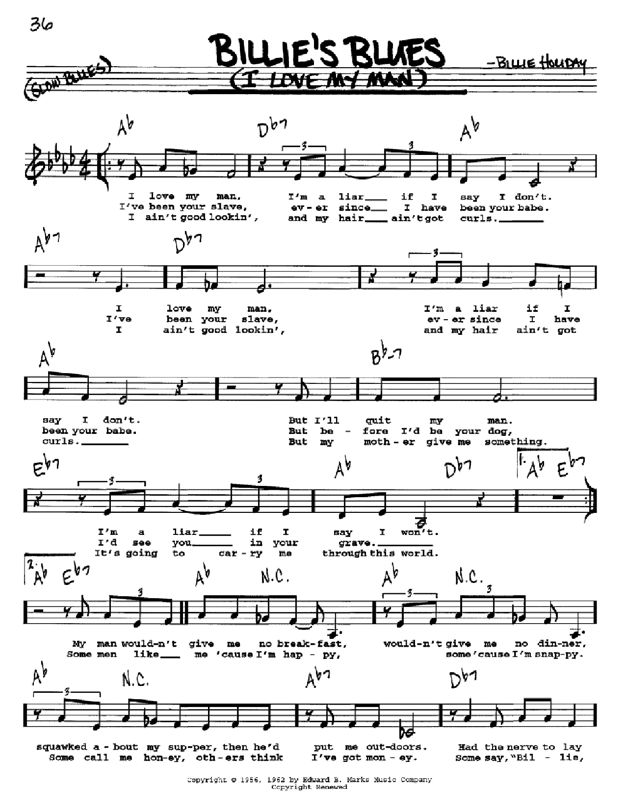 Billie Holiday Billie's Blues (I Love My Man) sheet music notes and chords arranged for Real Book – Melody, Lyrics & Chords